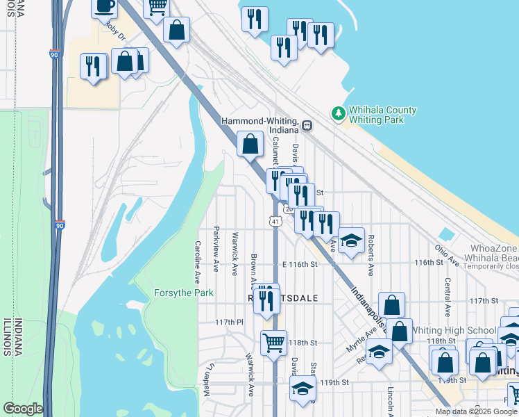 map of restaurants, bars, coffee shops, grocery stores, and more near 1415 Brown Avenue in Whiting