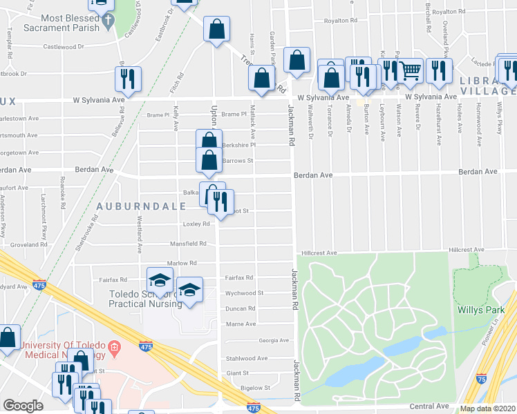 map of restaurants, bars, coffee shops, grocery stores, and more near 1758 Talbot Street in Toledo