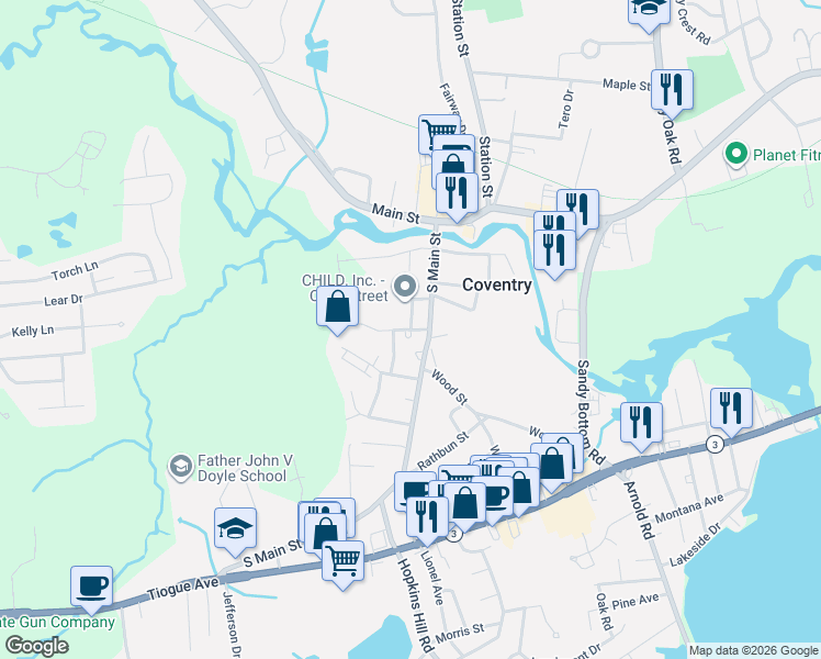 map of restaurants, bars, coffee shops, grocery stores, and more near 0 Sunapee Court in Coventry