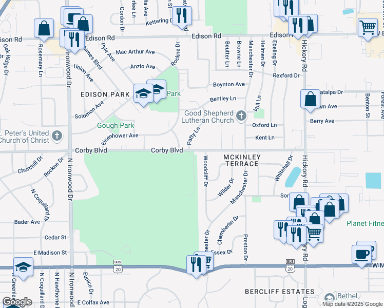 map of restaurants, bars, coffee shops, grocery stores, and more near Patty Lane in South Bend