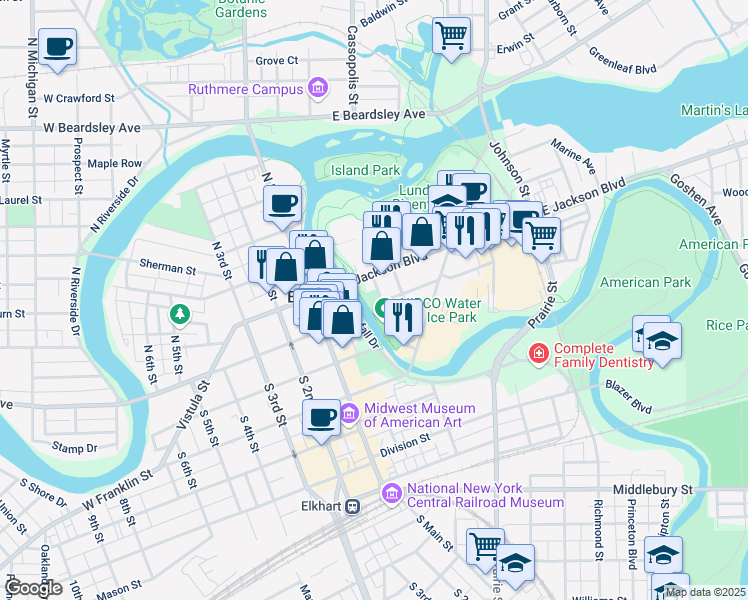 map of restaurants, bars, coffee shops, grocery stores, and more near 303 Nibco Parkway in Elkhart