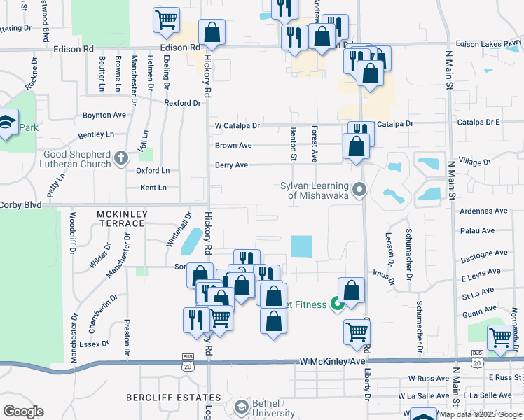 map of restaurants, bars, coffee shops, grocery stores, and more near 806 Green Pine Court in Mishawaka
