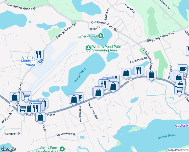 map of restaurants, bars, coffee shops, grocery stores, and more near 28 John Gilpin Lane in Chatham