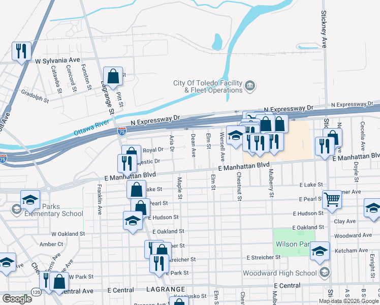 map of restaurants, bars, coffee shops, grocery stores, and more near 3610 Dean Avenue in Toledo