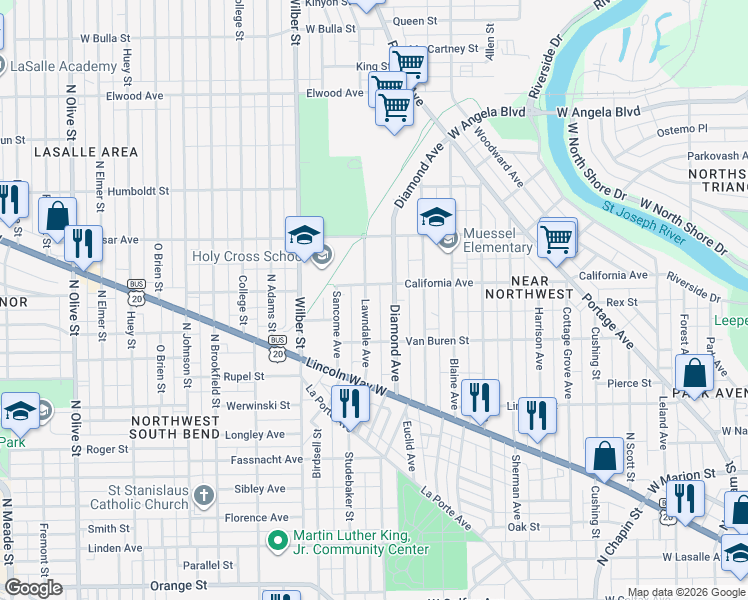 map of restaurants, bars, coffee shops, grocery stores, and more near 1006 Lawndale Avenue in South Bend