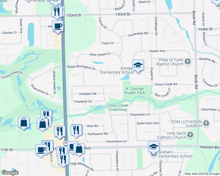 map of restaurants, bars, coffee shops, grocery stores, and more near 2527 Freeland Court in Naperville