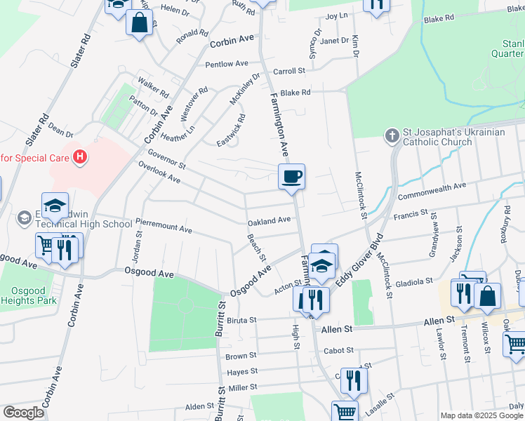 map of restaurants, bars, coffee shops, grocery stores, and more near 30 Governor Street in New Britain