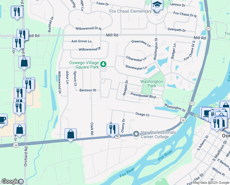 map of restaurants, bars, coffee shops, grocery stores, and more near 524 Truman Drive in Oswego