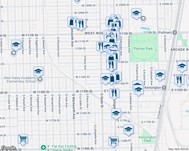 map of restaurants, bars, coffee shops, grocery stores, and more near 30 West 114th Street in Chicago