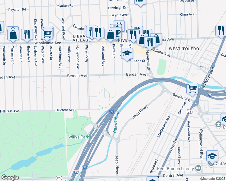 map of restaurants, bars, coffee shops, grocery stores, and more near 3619 Drexel Drive in Toledo