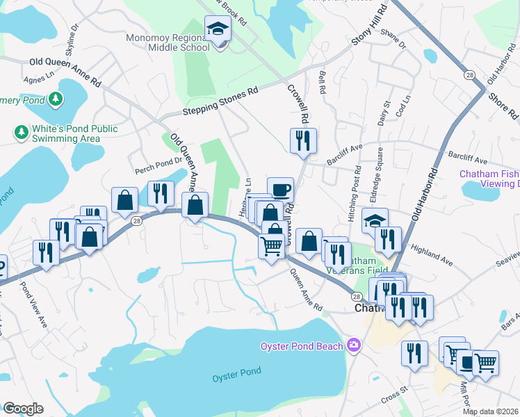 map of restaurants, bars, coffee shops, grocery stores, and more near 54 Heritage Lane in Chatham