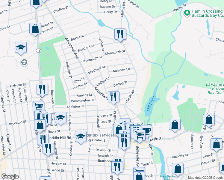map of restaurants, bars, coffee shops, grocery stores, and more near 965 Darling Street in New Bedford