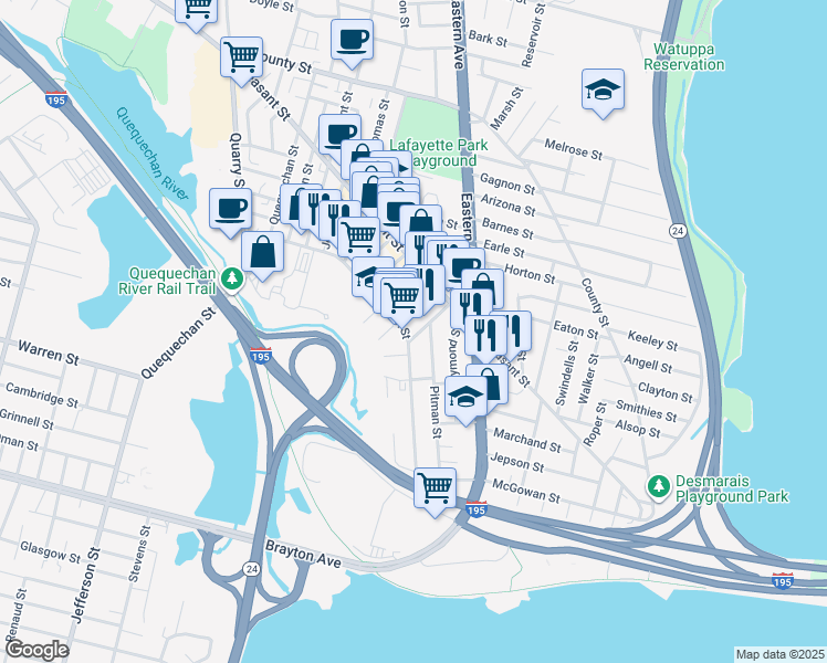 map of restaurants, bars, coffee shops, grocery stores, and more near 131 Choate Street in Fall River