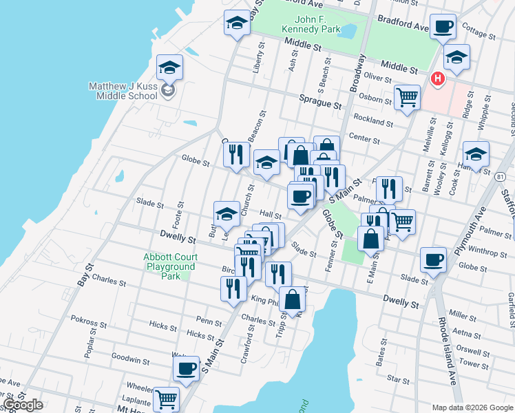 map of restaurants, bars, coffee shops, grocery stores, and more near in Fall River