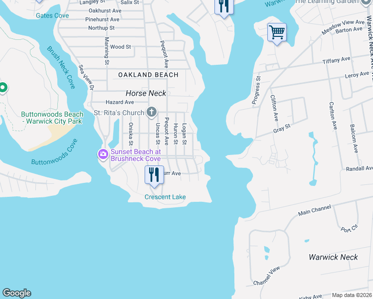 map of restaurants, bars, coffee shops, grocery stores, and more near 60 Huron Street in Warwick