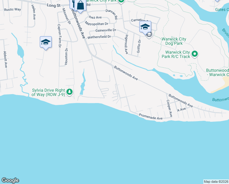 map of restaurants, bars, coffee shops, grocery stores, and more near 34W Budlong Farm Road in Warwick