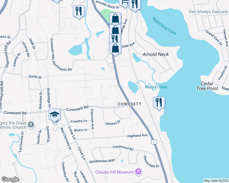 map of restaurants, bars, coffee shops, grocery stores, and more near 7 Ashmont Street in Warwick