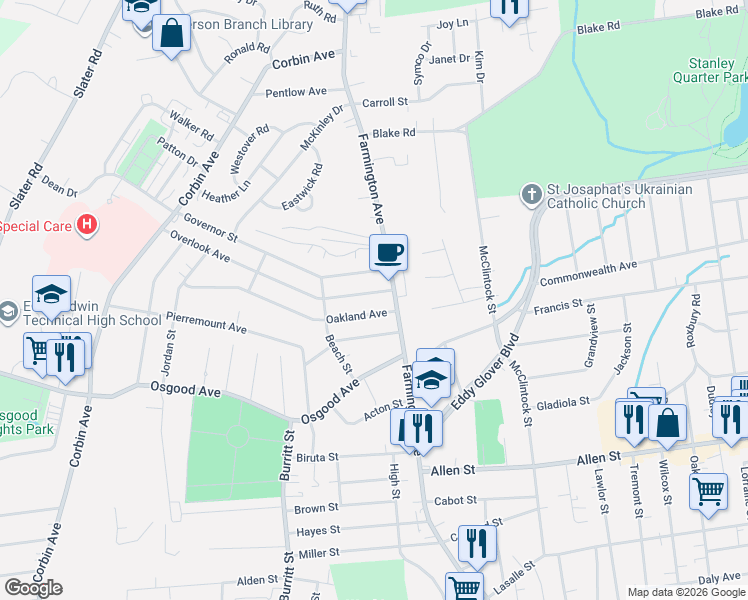 map of restaurants, bars, coffee shops, grocery stores, and more near 30 Governor Street in New Britain