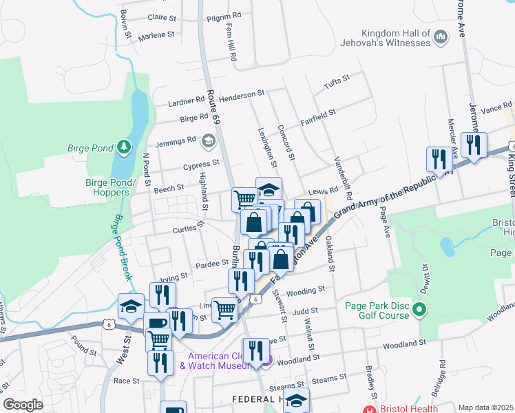 map of restaurants, bars, coffee shops, grocery stores, and more near 198 Burlington Avenue in Bristol