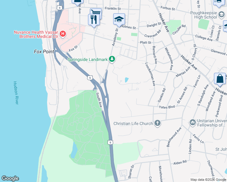 map of restaurants, bars, coffee shops, grocery stores, and more near 501 Applewood Circle in Poughkeepsie