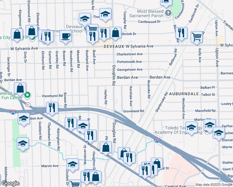 map of restaurants, bars, coffee shops, grocery stores, and more near 2509 Beaufort Avenue in Toledo