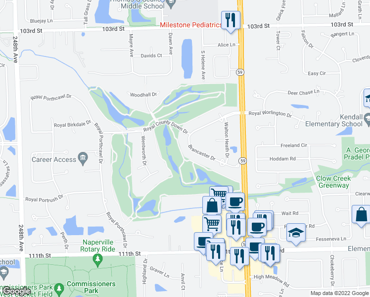 map of restaurants, bars, coffee shops, grocery stores, and more near 24165 Brancaster Drive in Naperville