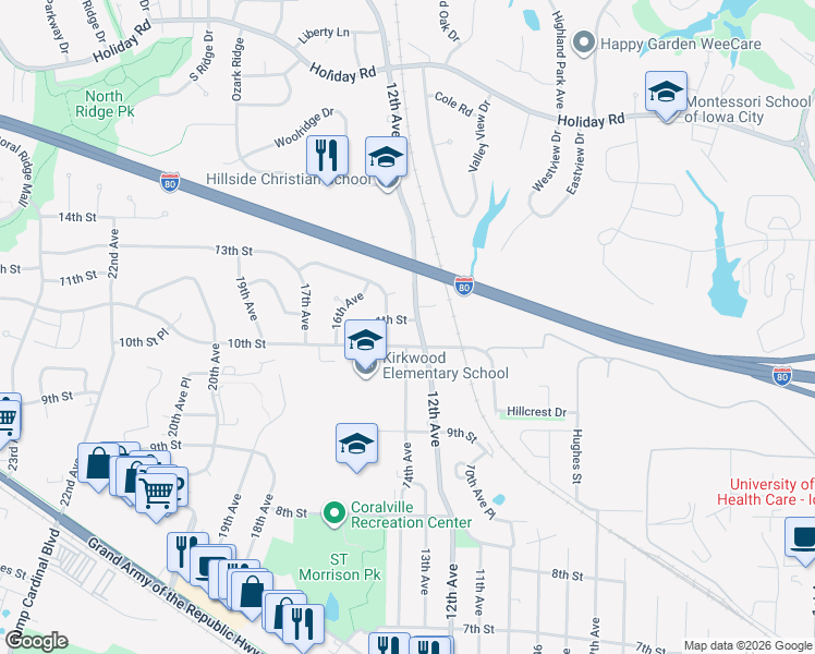 map of restaurants, bars, coffee shops, grocery stores, and more near 1401 13th Street in Coralville