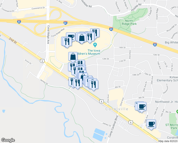 map of restaurants, bars, coffee shops, grocery stores, and more near 2422 10th Street in Coralville