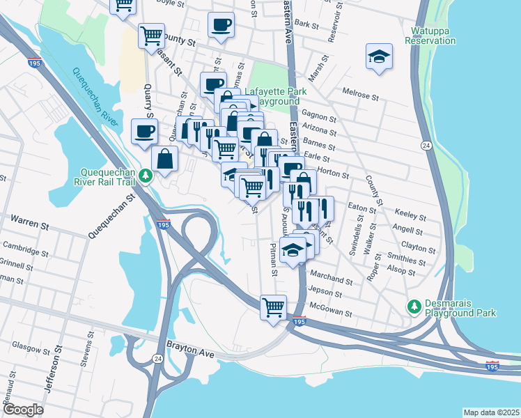map of restaurants, bars, coffee shops, grocery stores, and more near 131 Choate Street in Fall River