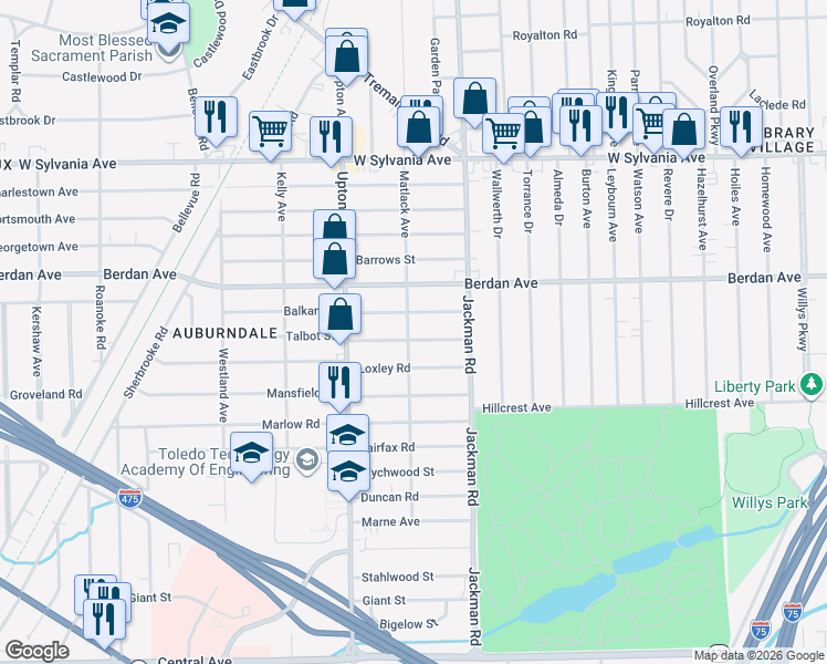 map of restaurants, bars, coffee shops, grocery stores, and more near 1810 Balkan Place in Toledo