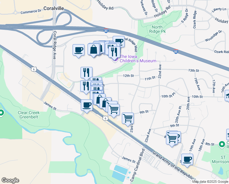 map of restaurants, bars, coffee shops, grocery stores, and more near 2422 10th Street in Coralville
