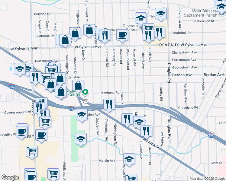 map of restaurants, bars, coffee shops, grocery stores, and more near 3707 Grantley Road in Toledo