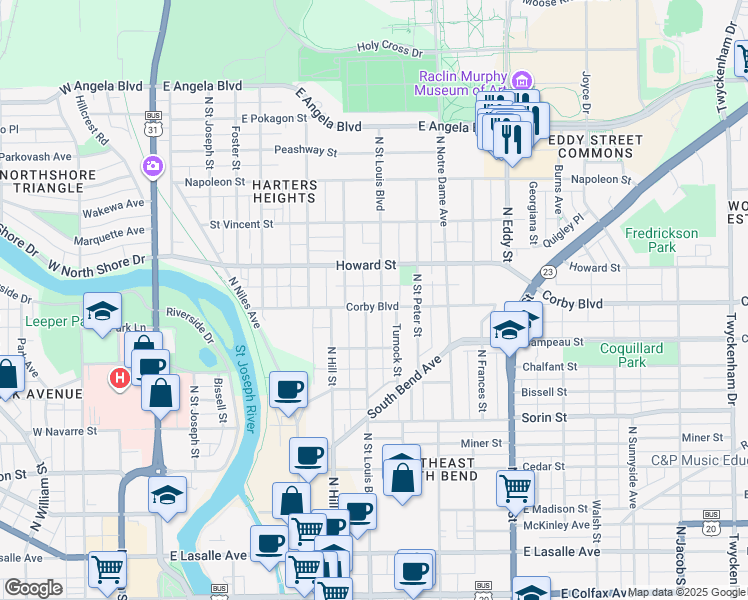 map of restaurants, bars, coffee shops, grocery stores, and more near 623 Corby Boulevard in South Bend