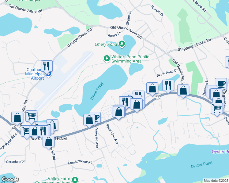 map of restaurants, bars, coffee shops, grocery stores, and more near 28 John Gilpin Lane in Chatham
