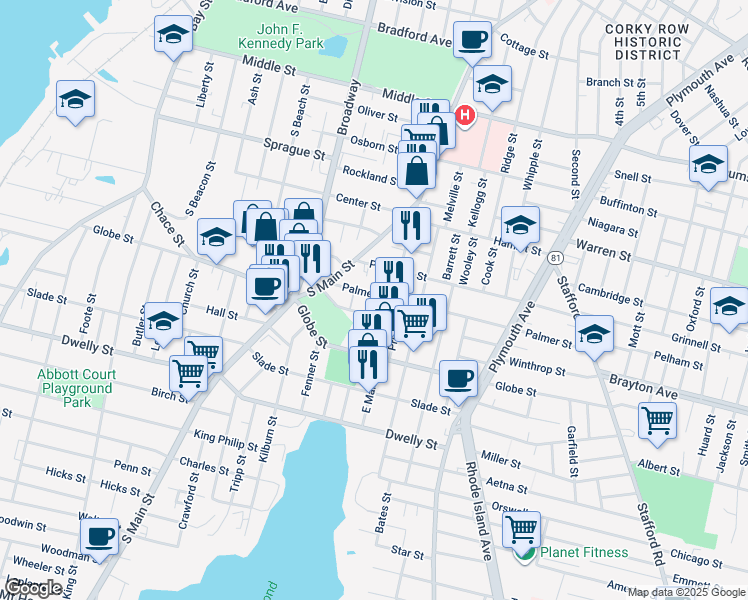 map of restaurants, bars, coffee shops, grocery stores, and more near 83 Peckham Street in Fall River
