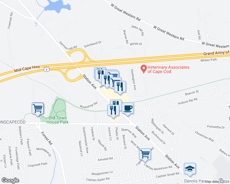 map of restaurants, bars, coffee shops, grocery stores, and more near 474 Station Avenue in Yarmouth