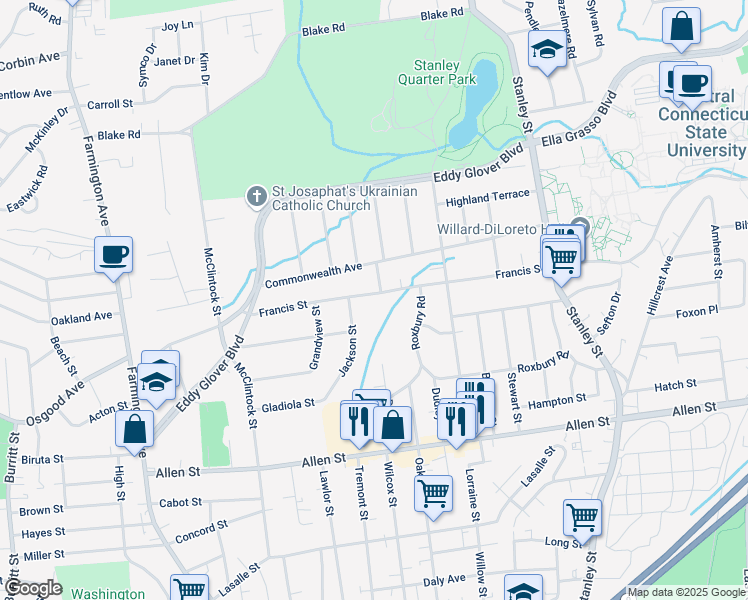 map of restaurants, bars, coffee shops, grocery stores, and more near 305 Francis Street in New Britain