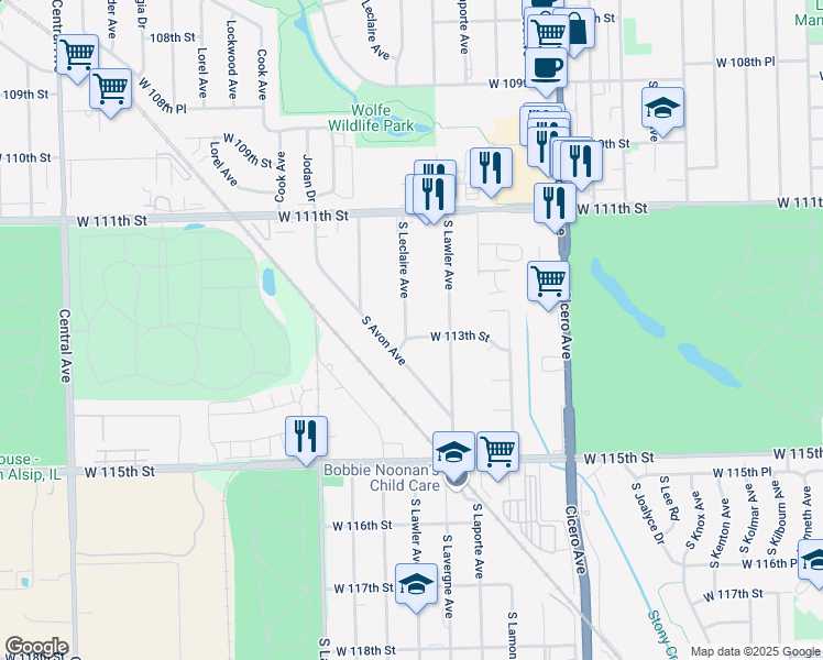 map of restaurants, bars, coffee shops, grocery stores, and more near 5120 West 113th Street in Alsip