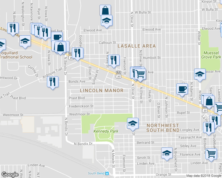 map of restaurants, bars, coffee shops, grocery stores, and more near 2606 Hartzer Street in South Bend