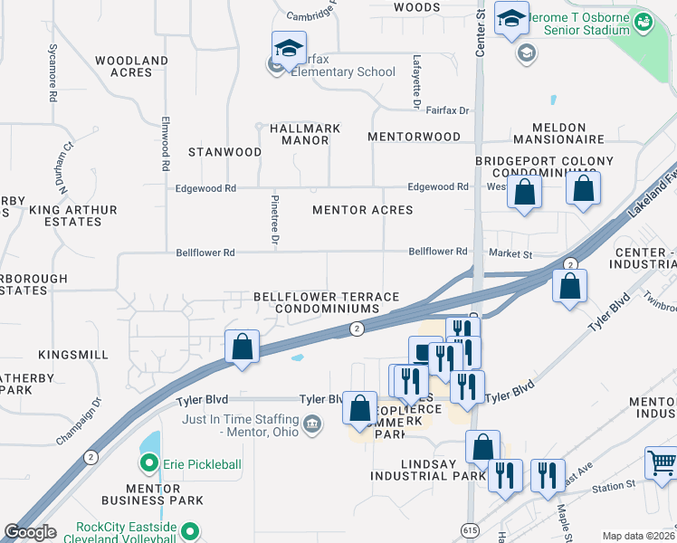 map of restaurants, bars, coffee shops, grocery stores, and more near 8196 Bellflower Road in Mentor