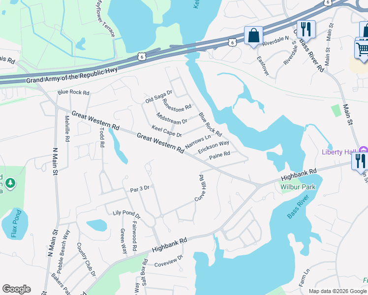 map of restaurants, bars, coffee shops, grocery stores, and more near 12 Narrows Lane in Yarmouth