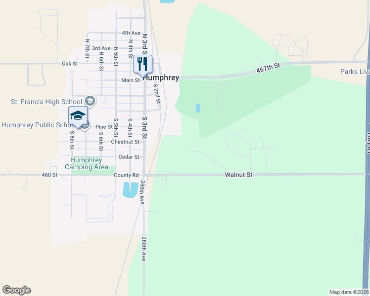 map of restaurants, bars, coffee shops, grocery stores, and more near 500 Lenard Avenue in Humphrey