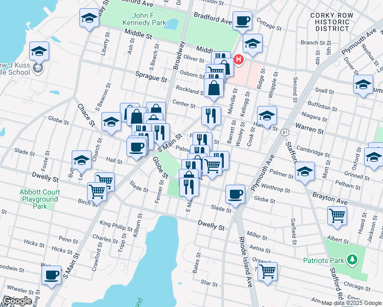 map of restaurants, bars, coffee shops, grocery stores, and more near 83 Peckham Street in Fall River