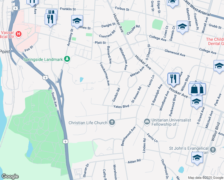 map of restaurants, bars, coffee shops, grocery stores, and more near 38 Loockerman Avenue in Poughkeepsie