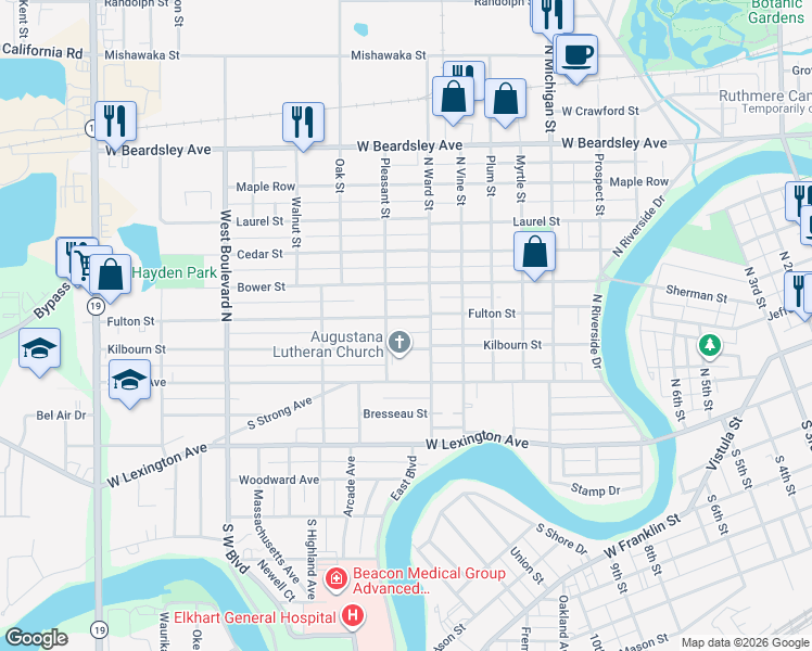 map of restaurants, bars, coffee shops, grocery stores, and more near 1121 Fulton Street in Elkhart