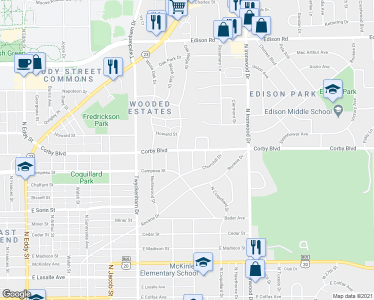 map of restaurants, bars, coffee shops, grocery stores, and more near 1802 Corby Boulevard in South Bend