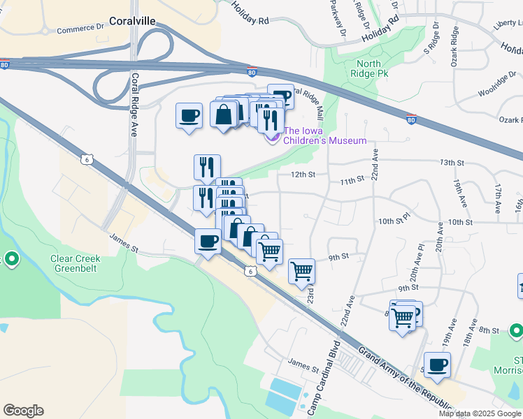 map of restaurants, bars, coffee shops, grocery stores, and more near 965 Boston Way in Coralville