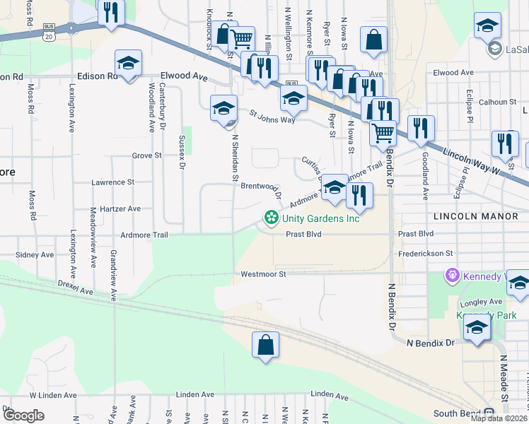 map of restaurants, bars, coffee shops, grocery stores, and more near 3899 Surrey Lane in South Bend