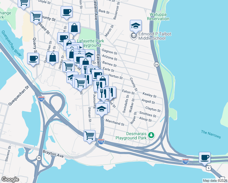 map of restaurants, bars, coffee shops, grocery stores, and more near 80 Irving Street in Fall River