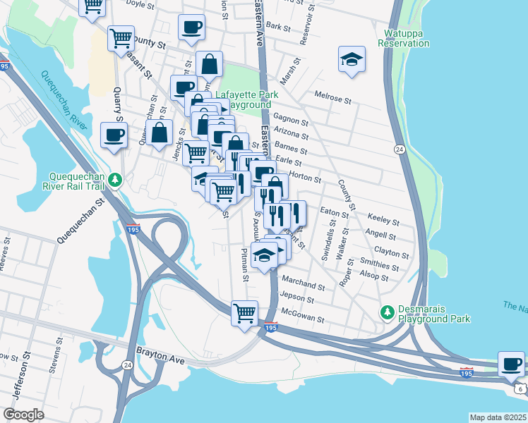 map of restaurants, bars, coffee shops, grocery stores, and more near 682 Eastern Avenue in Fall River